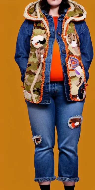 Brunette woman.thick thighs,thick calves,normal bodytype. big head. Mantle is sewed of upcycled Denim and sewed together of camouflage pieces. Pieces' color are orange, cream and purple. It is with big bright purple felt tippet and cream-colored-hood. mantle is merged with satchel, ochre. Big AKG-style headphones (gold rings!) is merged with small felt cap with small visor. Style: Haute Couture in 1920's, N.Y.C fashion in 2024, inspired by street art. Cream latex gaiter. Tennis shoes!