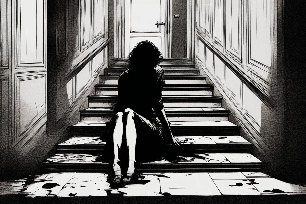 a broken, bloody, torn, beaten woman lies at the bottom of a dirty staircase. At the top of the stairs stands the silhouette of a massive man, behind him a small light leaks through an open door, dramatic, gloomy atmosphere, sad, weird, dark colors, cinematic, realistic picture