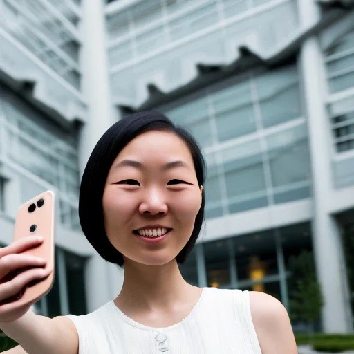 A short haired, Japanese female software engineer taking a selfie in front of Building 92 at Microsoft in Redmond, Washington