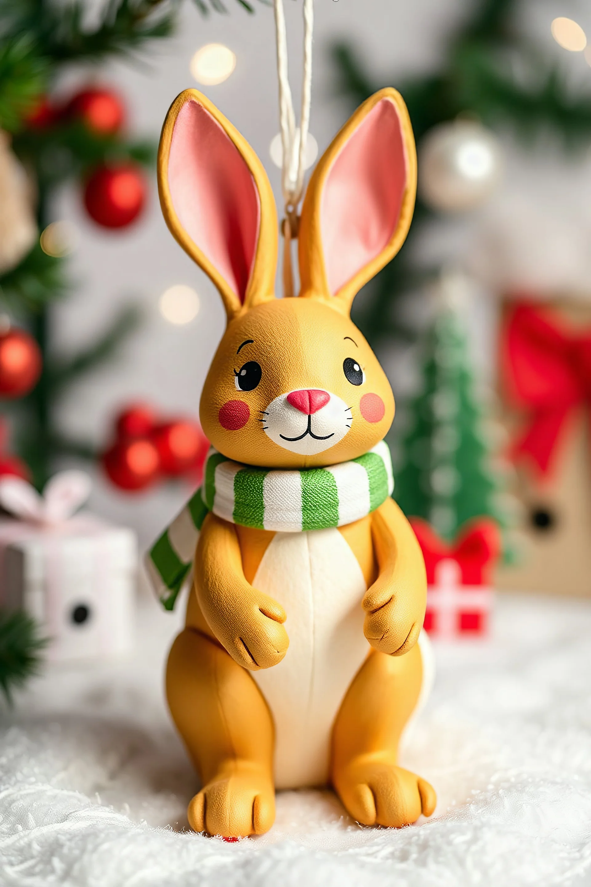 Christmas tree toy in the shape of a bunny, 3d, cute, realistic, cartoon, new year, christmas, gifts, papier-mache,