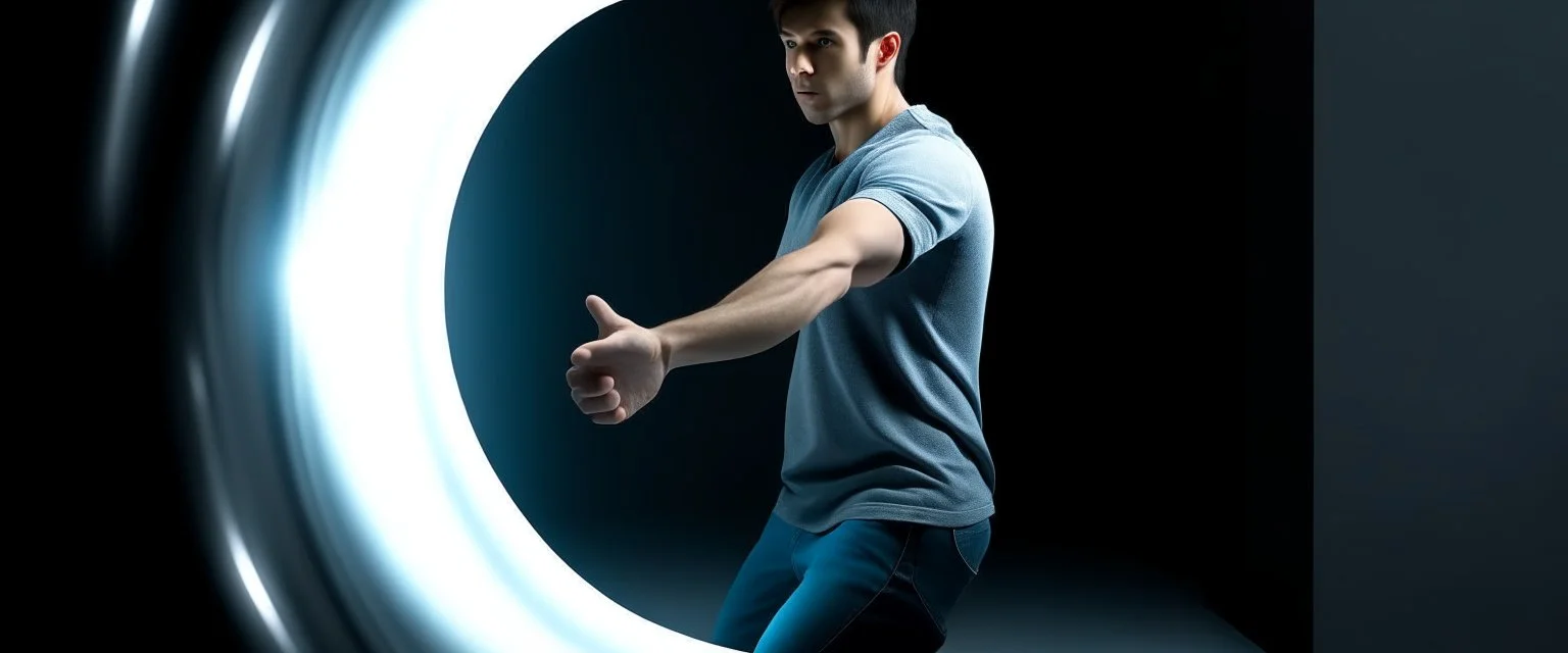 scared man sticks his arm into teleportation device portal for testing, the arm comes out of a portal behind his back