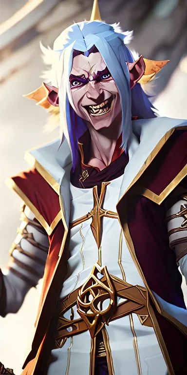 Dungeons and dragons character, wizard elf male, high detail, High definition, long white hair, wizard robe, joyful happy expression, smiling, fur coat