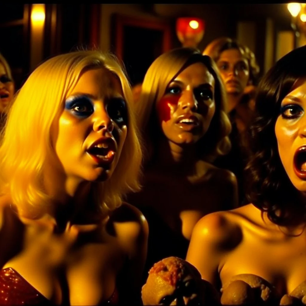 Horror movie shot, hot, ultra realistic, dine, horns, ultra chaos, realistic hot blonde women, party, pieces of meat, organs, hot dynamic, very excited people, hypermaximalist figures, light, 1970's Italian horror movie, sinister,, Dario Argento, Stanley Kubrik, ornate, 4k, photorealism