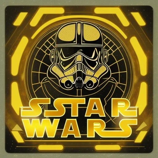 "STAR WARS" text, caption, shiny. gold metallic, reflective, centered