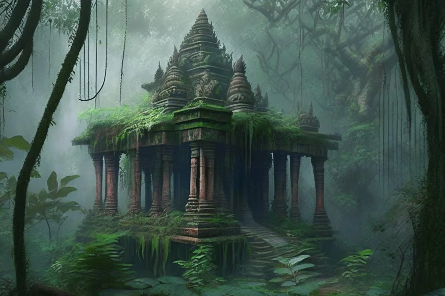 An old wooden Hindu temple overgrown with vines, in a forest, mist