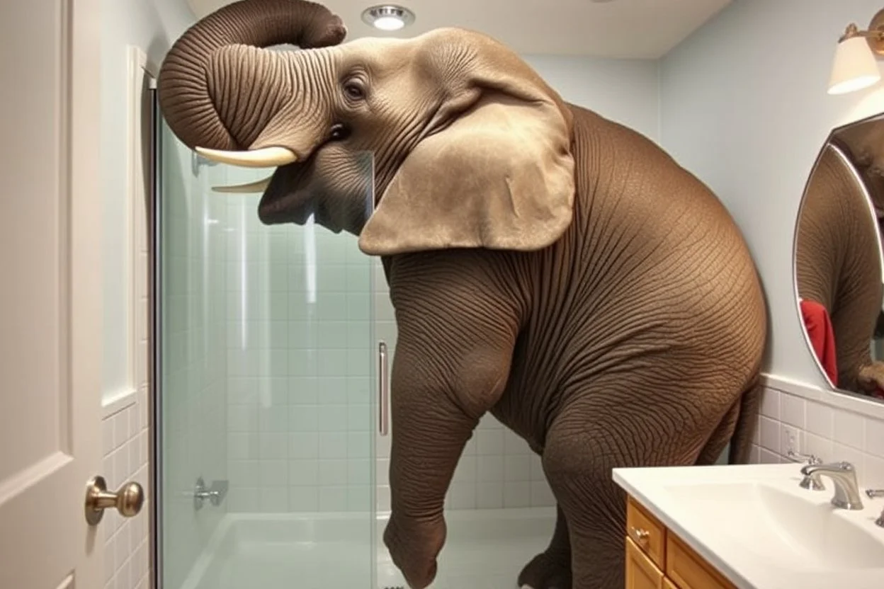 surreal photograph of a massive elephant uncomfortably contorted in a small stand-up shower in a suburban bathroom, elephant is too big and has to hunch over his head touching the ceiling and his bulk pushed up uncomfortably against the shower glass door