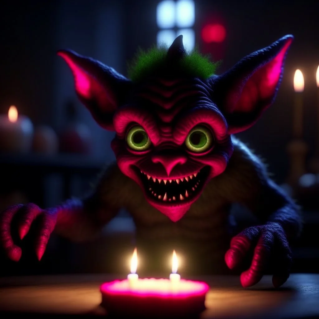 cute demon from the movie "insidious", wild goblin birthday party on stonebridge background , motion blur, 8k, downlight, soft light, depth of field, photorealism, trending on art station, lotsa detail