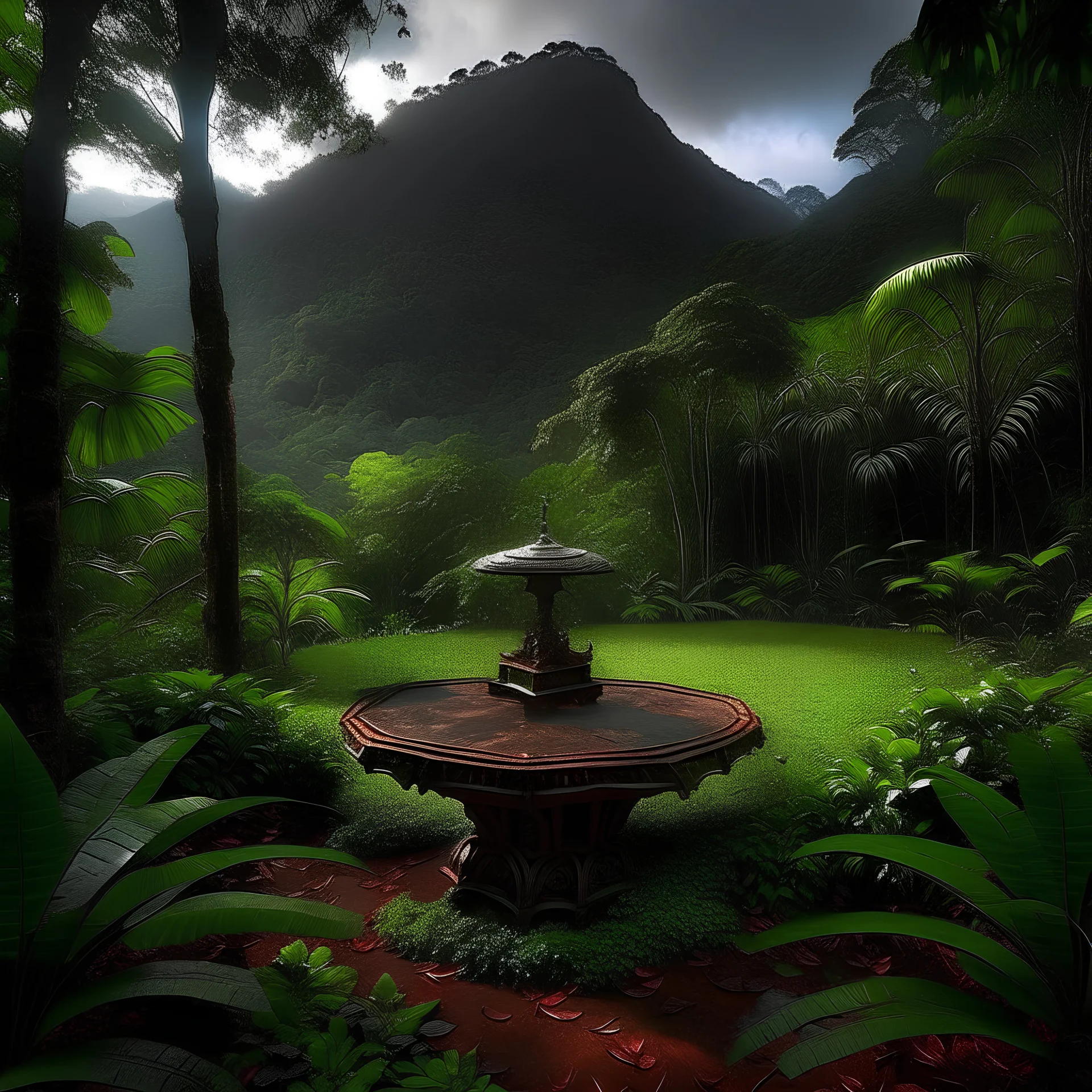 Meditation podium , dusk landscape In the jungle garden my mind bows . With the songs of dawn and the sadness of sleep Every leaf - that trembles in the embrace of the green My With dreams, An otherworldly planet, The oldest place on planet earth is in Venezuela and it's called Mount Roraima.