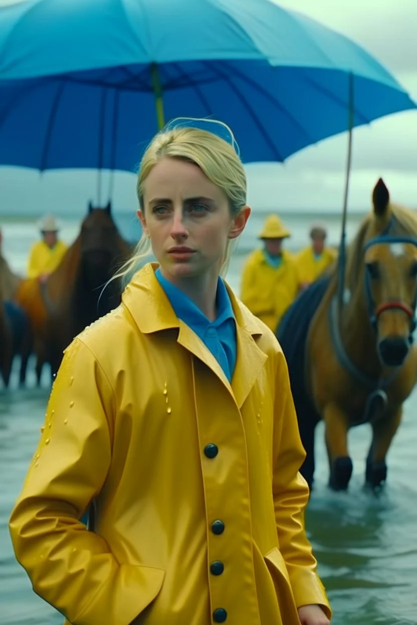 In the music video, a 23-year-old woman with blonde hair and bright blue eyes stands in the sea, se has a bun. dressed in a yellow fisherman's jacket ag. She holds an umbrella, but it offers no protection from the pouring rain. Around her, heavy horses are moving. The rain is pouring heavily. She is standing in the middle of the sea. You can see here completely. Horses only the girl and horses, i wanna see the horses dancing around her.. NOT SEXY!! middle of the sea, green pants, bolder