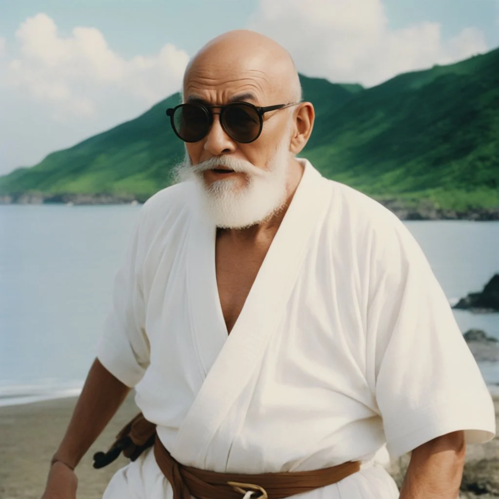 [Turtle Hermit] Live-action Master Roshi, a white elderly man with a bald head and white beard, trains on his island. His strength surprises in this realistic and humorous live-action scene. In 1950s live-action film screengrab, 1950's Super Panavision 70, vintage, grainy, live-action