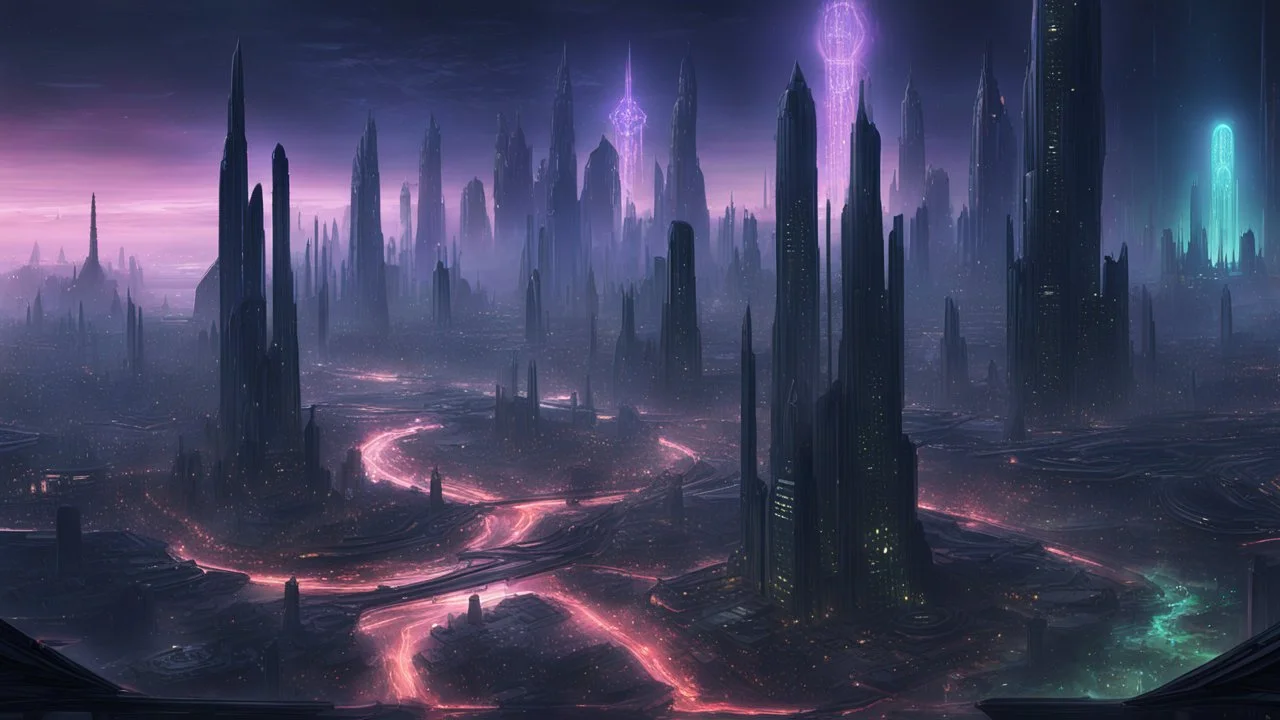 A breathtaking concept art piece of a futuristic alien cityscape in the Stellaris universe. The city is lit with mesmerizing, vibrant colors that create a captivating atmosphere. The cityscape features intricate architectural designs, with high-rise buildings and futuristic structures that stretch into the sky. The atmosphere is tense, with a sense of wonder and mystery. The attention to detail is extraordinary, showcasing a hyper-realistic rendering of the scene.