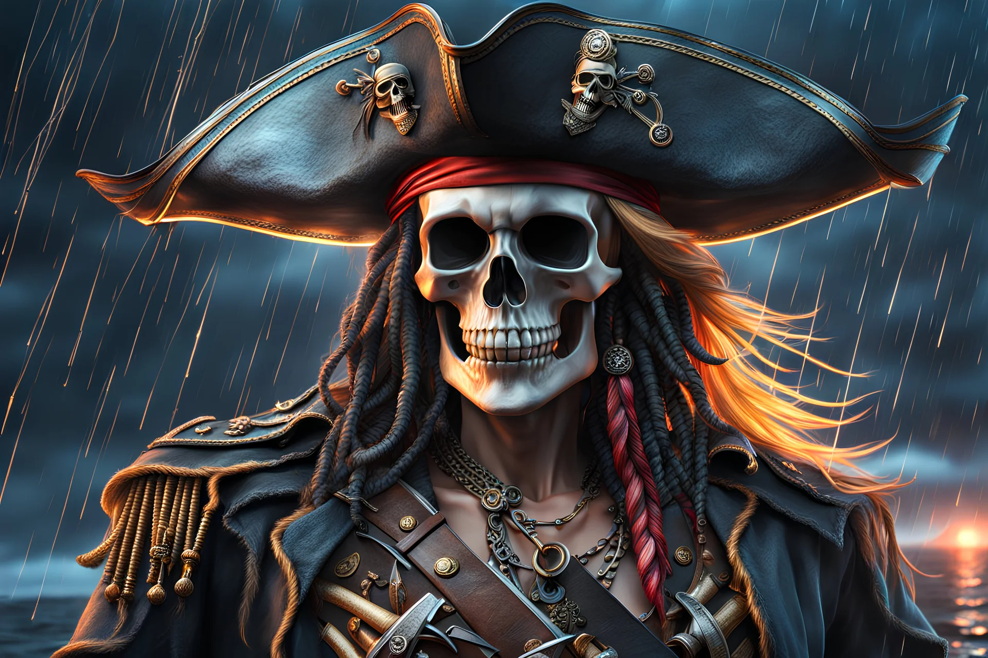 Skeleton pirate in 8k realistic cgi drawing style, spectrum theme, sea, Storm, close picture, rain, neon, highly detailed, high details, detailed portrait, masterpiece,ultra detailed, ultra quality