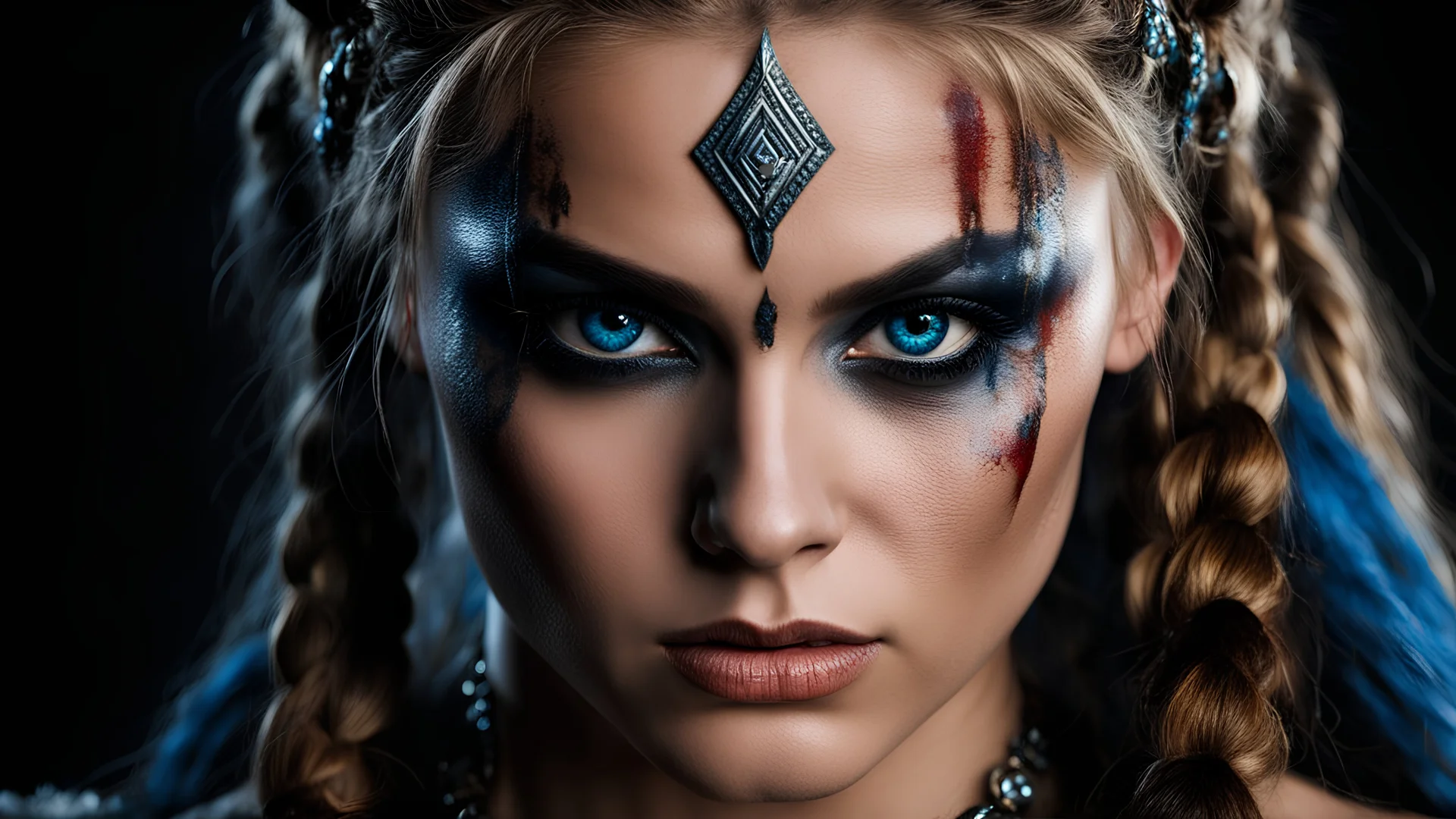 cinematic film still dramatic side lighting, (((detailed eyes))), dramatic intense stare closeup portrait, dark black background, hdr, dramatic beautiful warrior woman with warrior face paintings and blood, viking braids, blue eyes, pelt, skull necklace, shallow depth of field, vignette, highly detailed, high budget Hollywood film, cinemascope, moody, epic, gorgeous