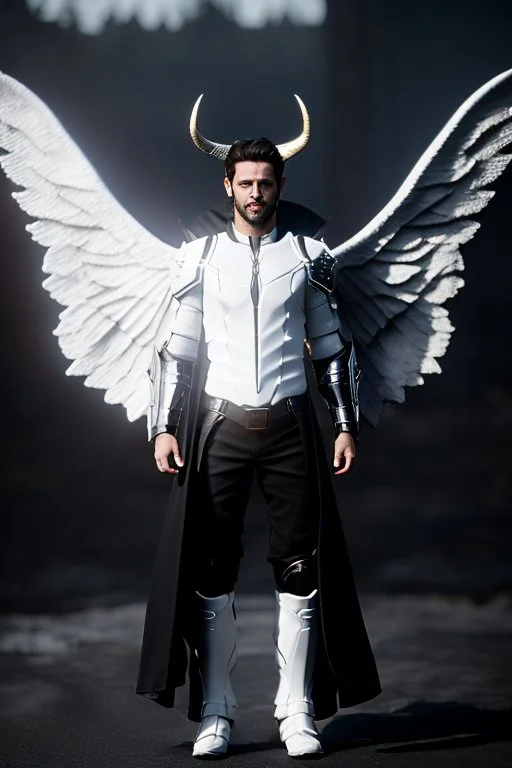 angel, demon, angel demon hybrid, half angel, half demon, black angel wings, white demon wings, black and white, balance, horns, armor, noble clothes, black and white armor, black and white clothes