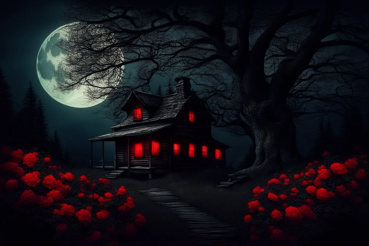 Creepy trees, creepy night, moon, cabin, red flowers, background pc