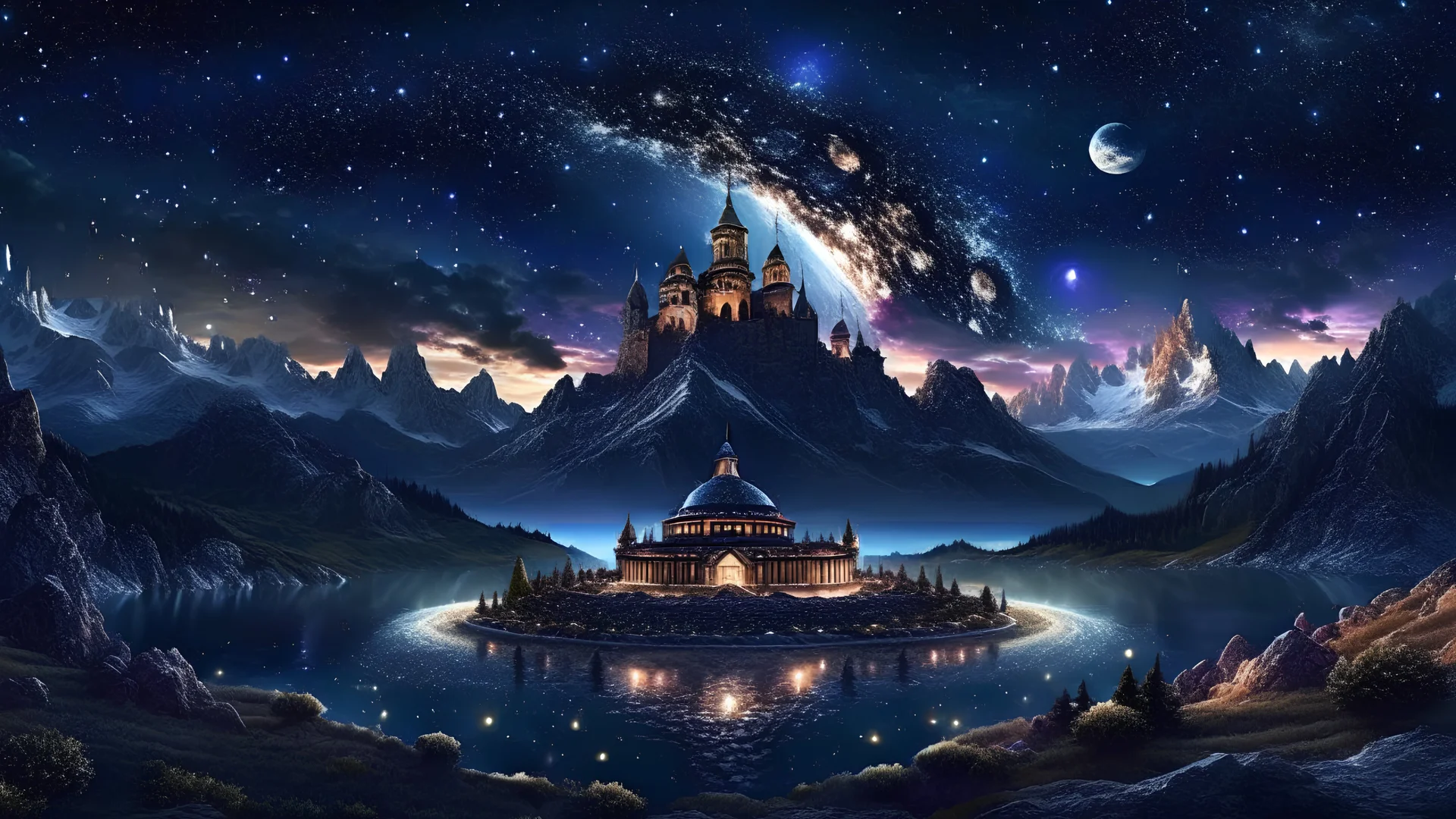 galaxy, space, ethereal space, cosmos, water, panorama. Palace , Background: An otherworldly planet, bathed in the cold glow of distant stars. The landscape is desolate and dark, with jagged mountain peaks rising from the frozen ground. The sky is filled with swirling alien constellations, adding an air of mystery and intrigue. Old castle of london, detailed , enhanced, cinematic, 4k,by van gogh