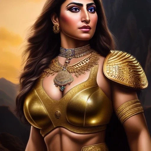 Ultra detailed fullbody Portrait in oil on canvas of busty female Assyrian warrior with armor,extremely detailed digital painting,ultrarealistic skin,intense stare, extremely detailed face, crystal clear eyes, mystical colors ,perfectly centered image, perfect composition, rim light, beautiful lighting,masterpiece ,8k, stunning scene, raytracing, anatomically correct, in the style of Simon Bisley and Ohrai Noriyoshi and robert e howard and Steve Jung and Wizyakuza and uncannyknack.