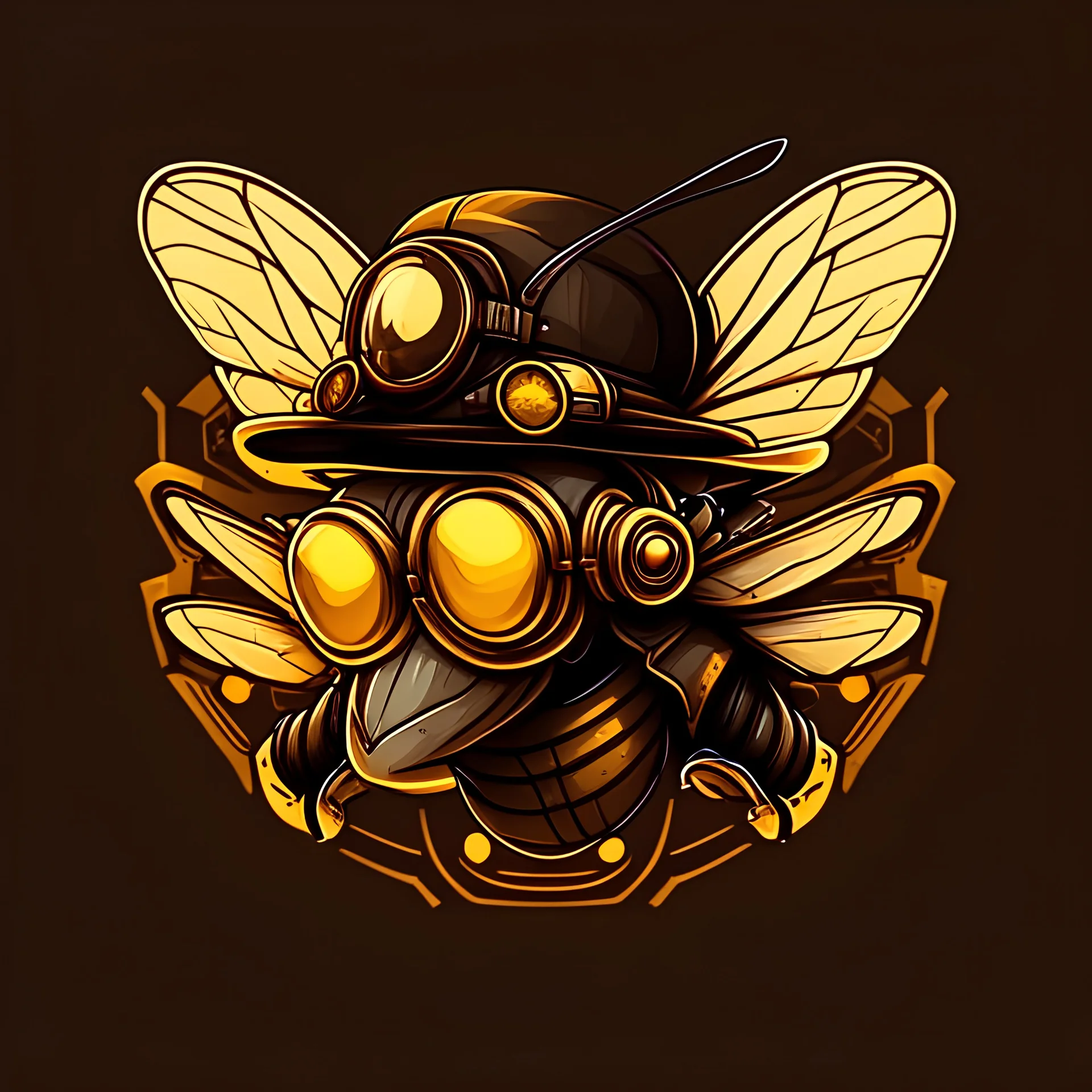 logo profile bee flying wearing steampunk googles and hat, flat cartoon style dark background