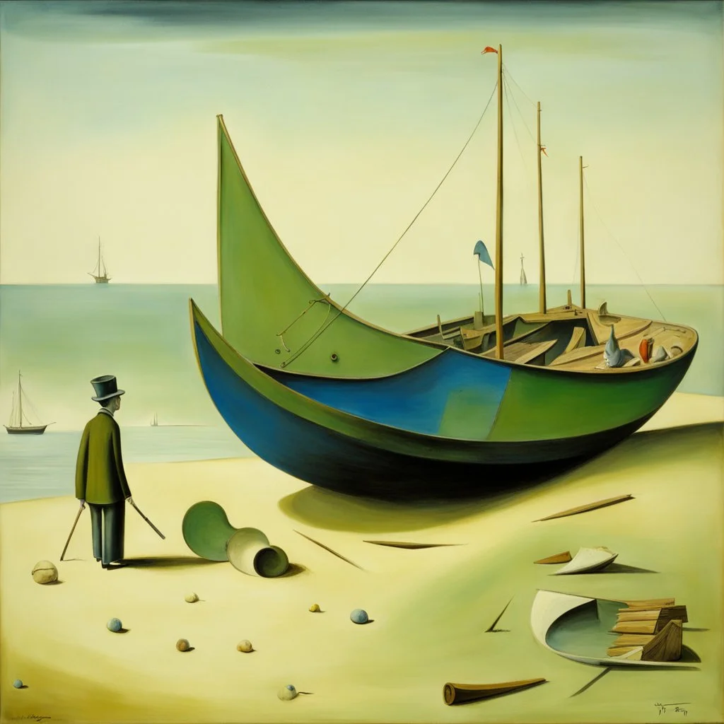 A man, beach, a green and blue boat, some pieces of wood, summer, creepy, odd, Yves Tanguy