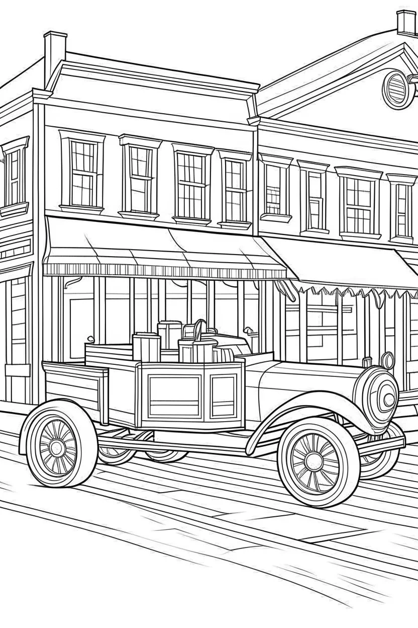 Outline art for coloring page OF A 1943 PULL TOY IN THE UNITED STATES IN FRONT OF A STORE, coloring page, white background, Sketch style, only use outline, clean line art, white background, no shadows, no shading, no color, clear