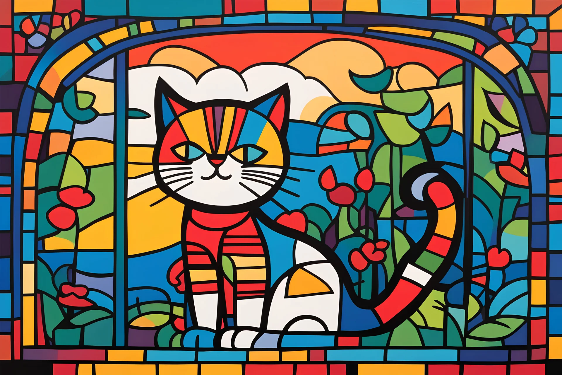 the cat in the window painting by Romero Brito