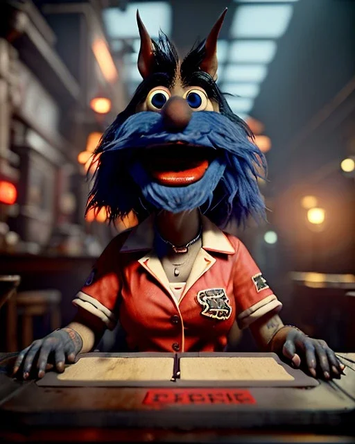 hybrid character, waitress sexy British woman with monster muppet mask that covers her entire head, Sesame Street style, retro style, short shirt, tray, beer, old school tattoo, hot, smooth, unreal engine 5, god lights, ray tracing, RTX, lumen lighting, ultra detail, volumetric lighting, 3d.