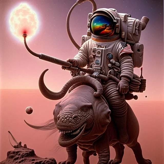 1yo little boy is on safari on the moon. riding a pink dinosaur. he has big and a funny hat. High detailed. Cinematic. oil on canvas painting. Warm lights. beksinski