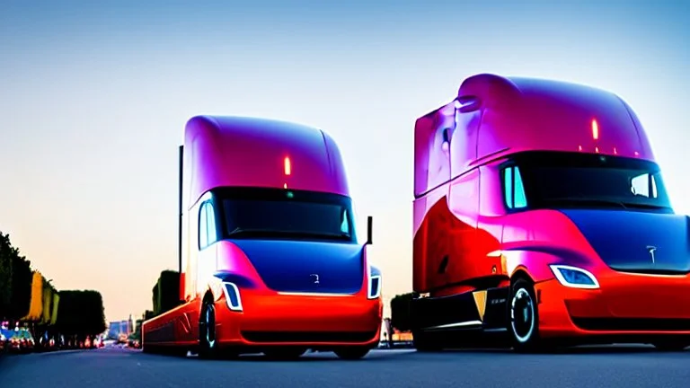 A Tesla semi-truck is racing at top speed, by the 'Sacre Coeur', in Paris. CINEMATIC. WIDE ANGLE LENS. PHOTO REAL.