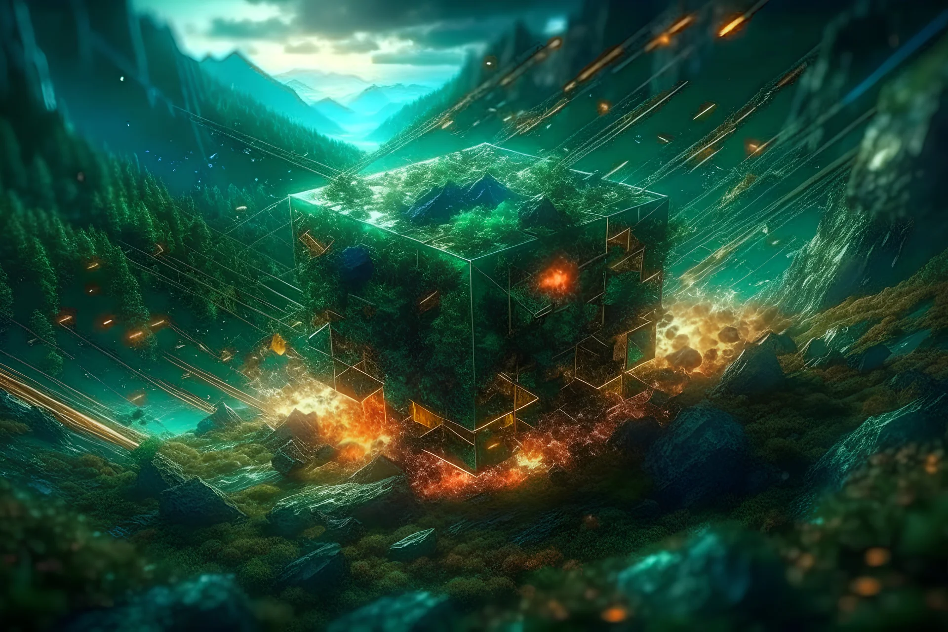 epic realism 4k photograph of immovable cube mountain ecosystem physically colliding with unstoppable kinetic energy force traveling in multiverse, florescent