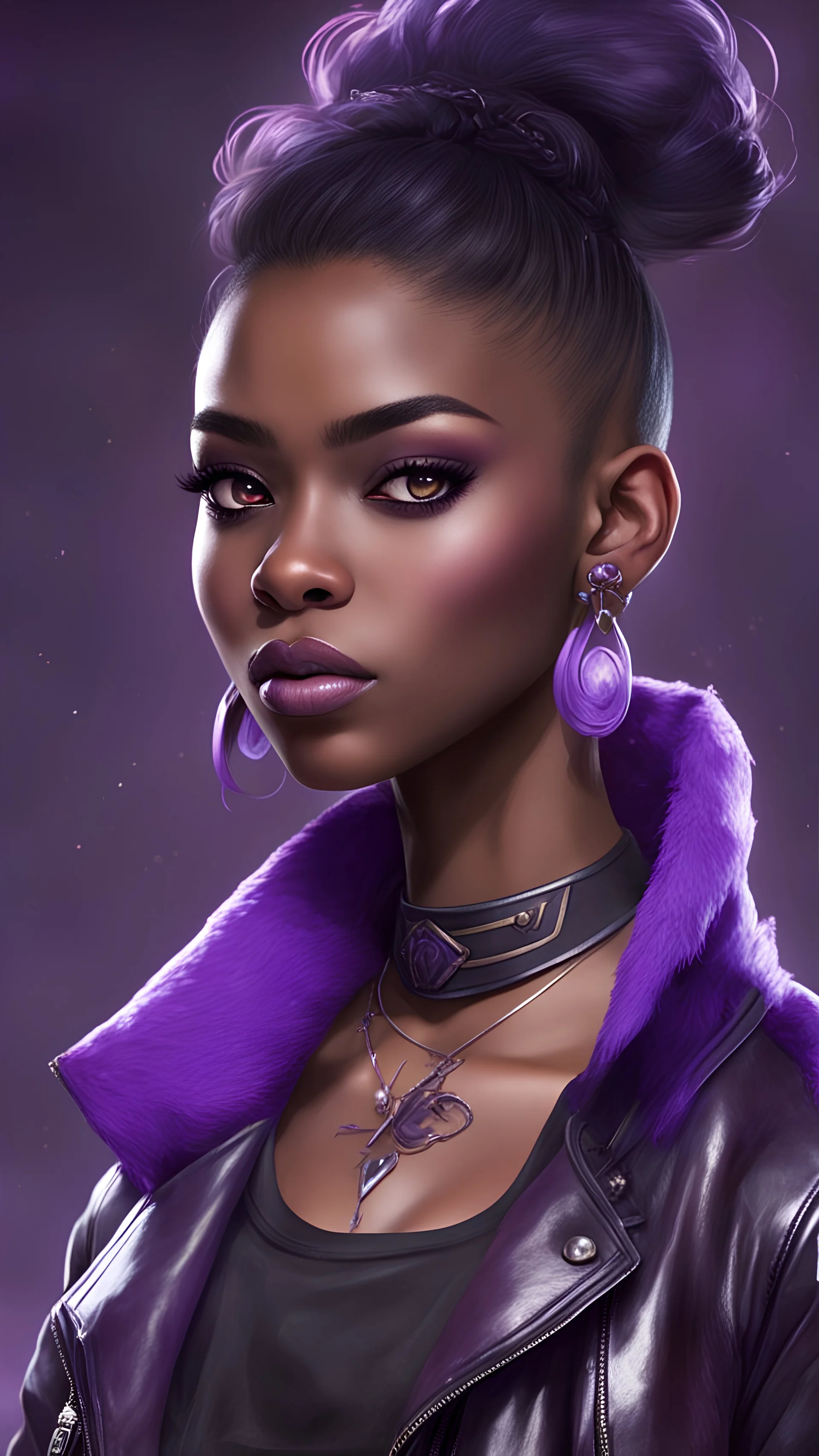 arcane tv show style, league of legends, solo, 1girl, attractive teenager, african, dark skin, dark-brown eyes, black hair, pair buns, (violet strand in forehead bang), necklace, earrings, modern makeup, (detailed skin texture), old leather jacket with violet fur collar, oversized torn t-shirt with half-erased unknown music group logo, You can see through the holes in the t-shirt her acid-green top, dark background, bokeh, cinematic atmosphere