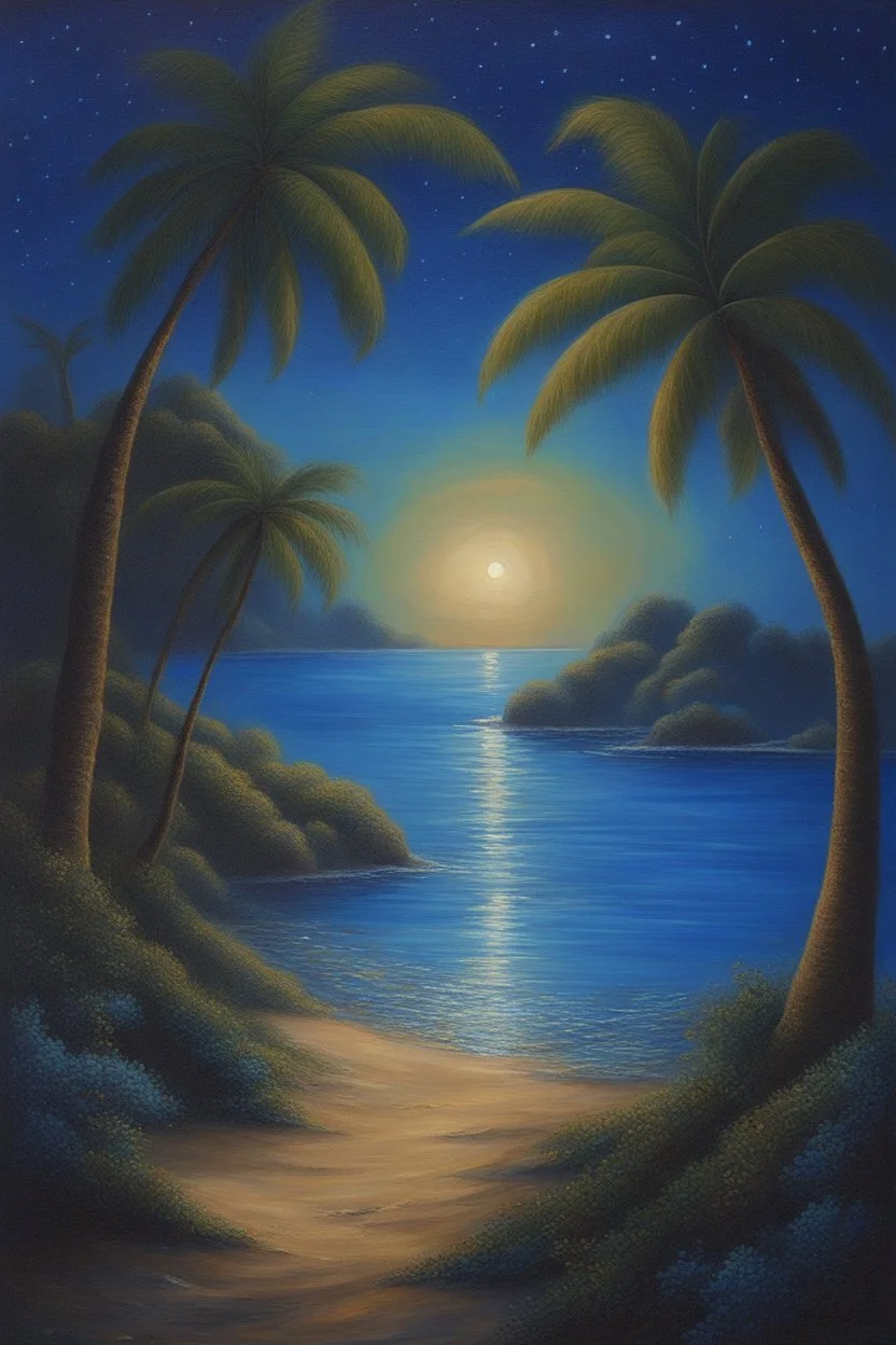 The beach of the island of Leela its waters are full of blue stars illuminated by blue light Oil painting