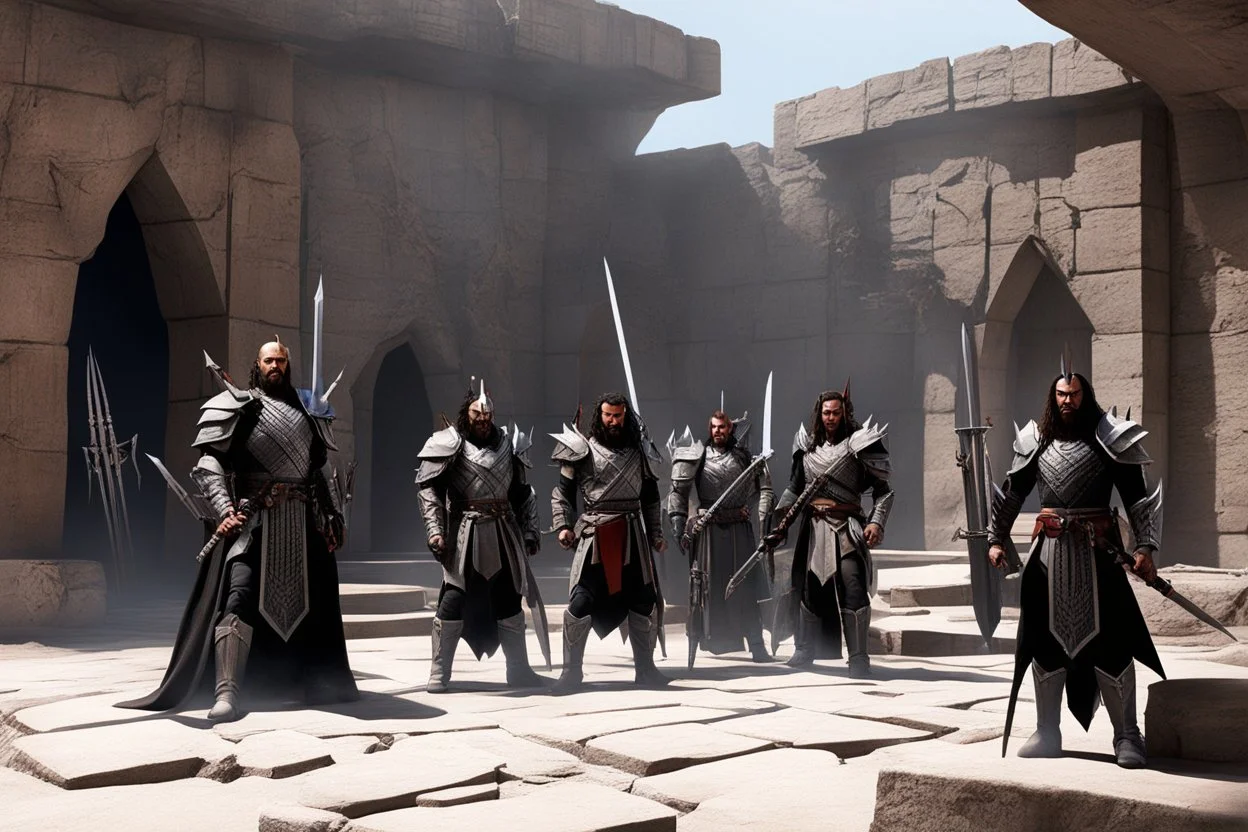 Four Klingon warriors gather in the stone courtyard of a fortress on Qo'noS, checking their traditional weapons before the battle. On the left, a warrior tests the weight of his massive bat'leth, while his comrades sharpen their d'k tahg daggers and mek'leth blades. Armor of leather, fur and spiked steel, braided hair, and banners of the Empire blowing in the cold mountain wind. No phasers. No mercy. Only Kahless' legacy. Inspired by Star Trek TNG / DS9 Klingon culture.