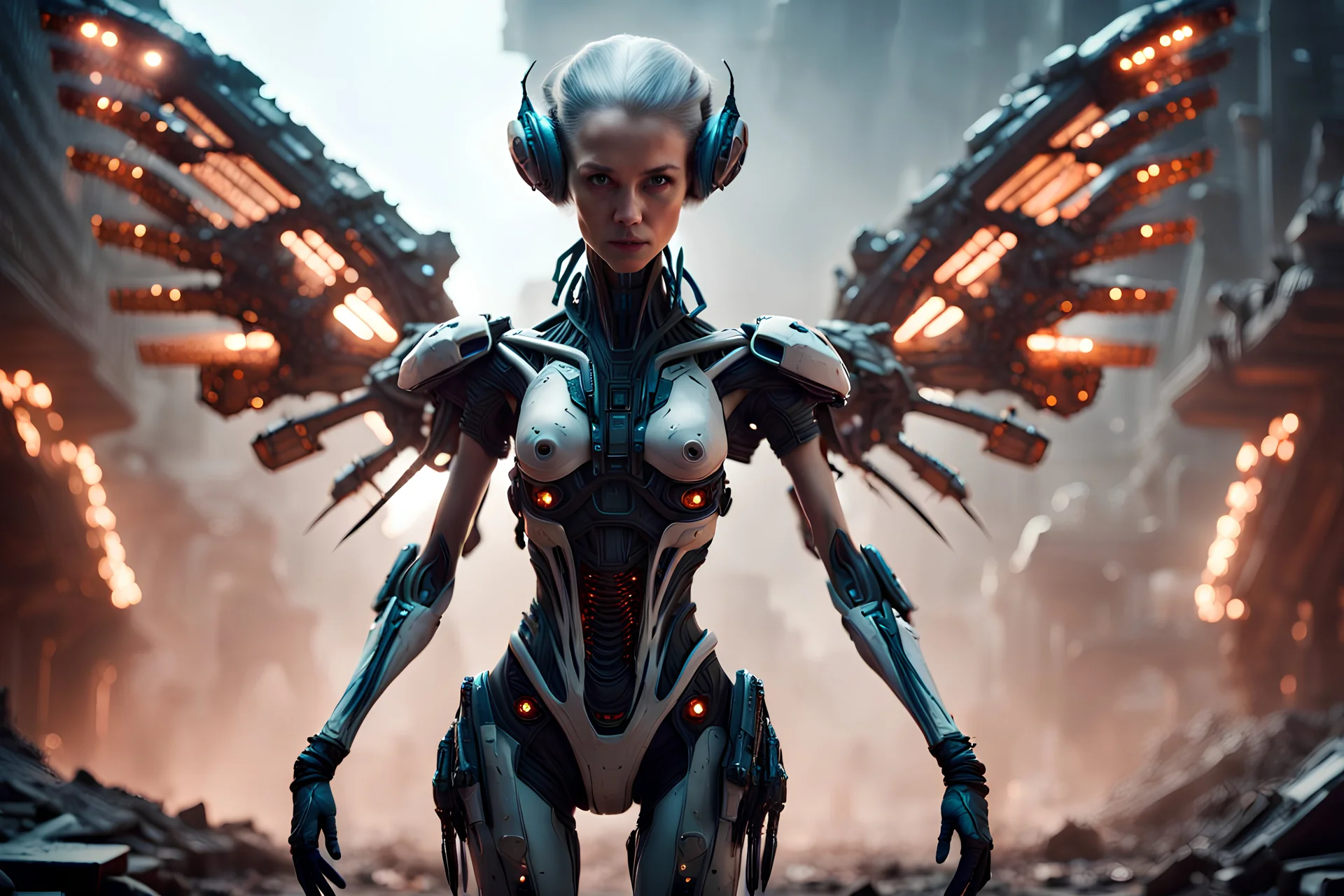 alien cursed theme, mockup, beautiful semi-cyborg female with bot wings, biometal arms, ruins of mars bg, (lots of electric sparks:1.2), Sony Alpha 7S III (A75 III), Simple, hyperdetailed, medium shot, cinematic