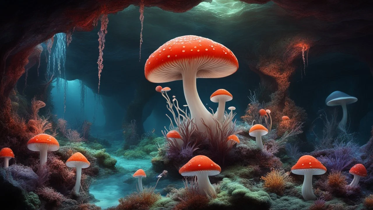 animals creatures, jellyshroom cave, plants from subanautica from deep sea, leviathan's a lot of sea plants very deep, beautiful, river of magma,