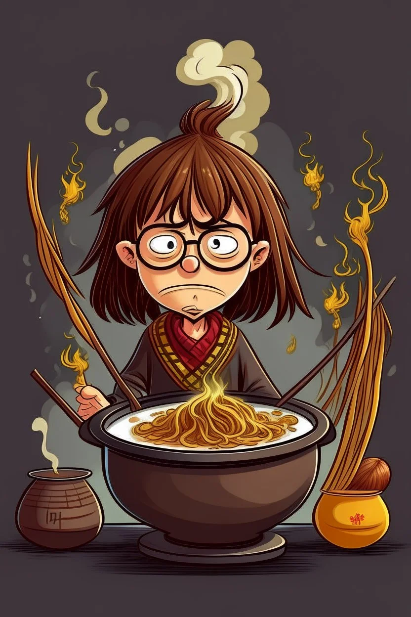 Angry Harry Potter with pot with chinese noodles on the head stay behind the Hermione Granger