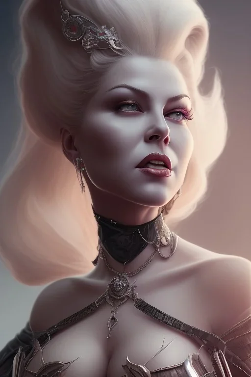 Lana Turner as evil queen in black leather, leather, busty, cleavage, angry, stern look. character design by cory loftis, fenghua zhong, ryohei hase, ismail inceoglu and ruan jia. unreal engine 5, artistic lighting, highly detailed, photorealistic, fantasy