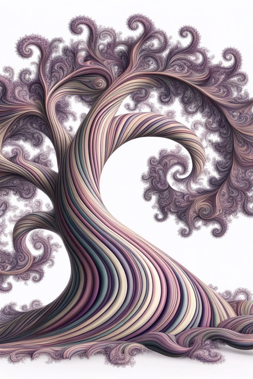 twisty striped spiral tree trunk with fractal branches that have purple pastel paisley patterned leaves