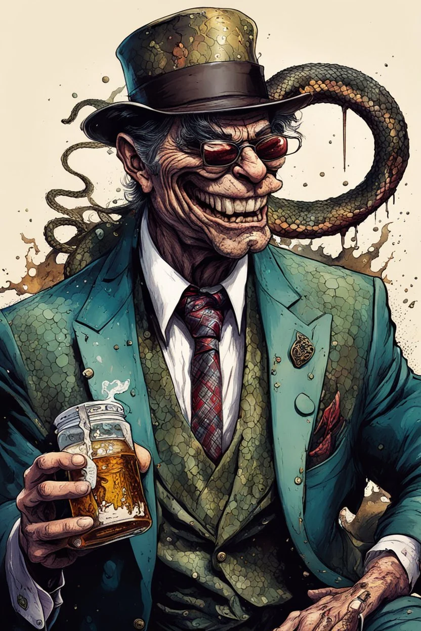 highly detailed full color, caricature concept illustration of a slippery snake oil salesman character , maximalist, sharp focus, highest resolution, in the styles of Ralph Steadman, Brom, Denis Forkas , and Masahiro Ito, boldly inked, 8k, coarse, gritty textures