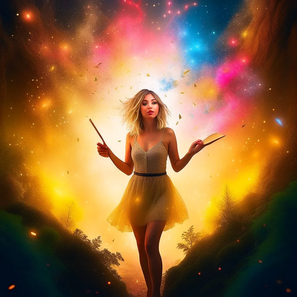 book cover illustration, samantha fox hippie pixie hovering in the underground grove sparkling light confetti, in the style of dali, 8k, down-light, soft light, depth of field, photo realism, trending on art station, high detail, smoke and fog