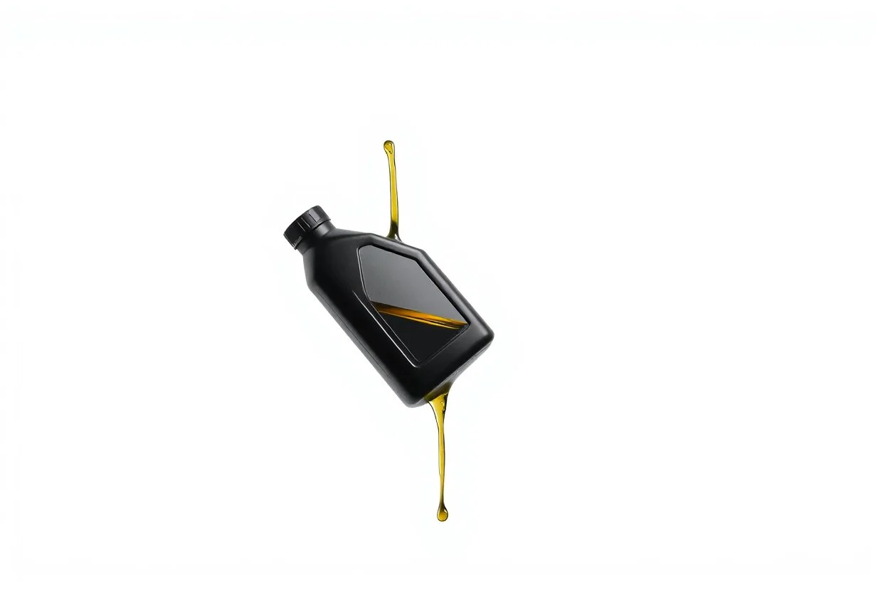 whole bottle(black plastic, 1 liter, quart, generic motor oil) floating on an angle in middle of image while pouring(oil) down from the opening. white background, Smooth vector