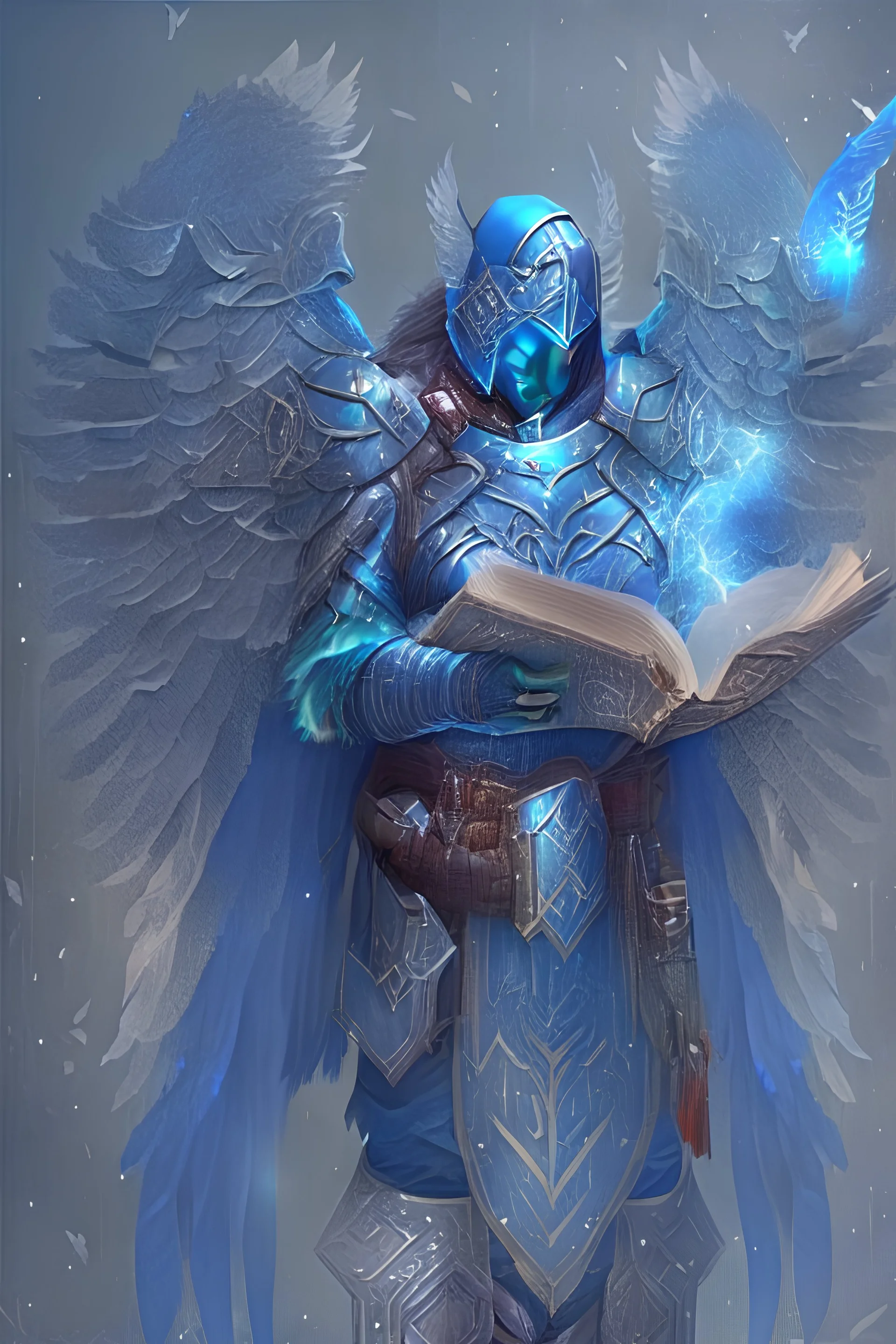 a person in runic armor with blue wings and spell book