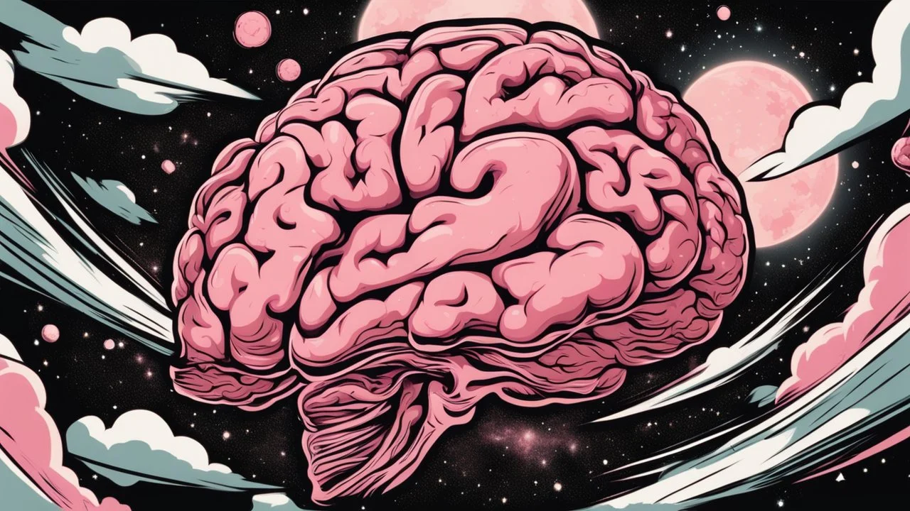 Comic style, bare transparent pink human brain flying trough the universe, background galaxy's
