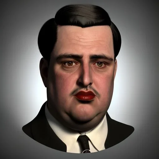 A portrait of a 1930s Italian-American businessman in his late 20s with a black bowler hat and a suit. He is obese and has black hair