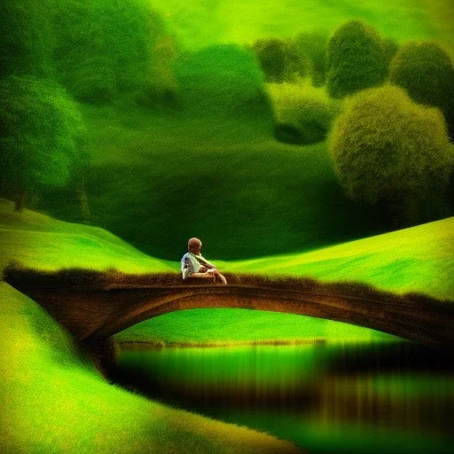 Landscape, the shire, fantasy, green, Brown, warm, a man sitten by the river