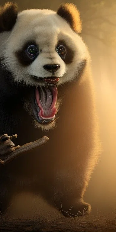 Demonic panda with fangs and scary in the dark scary forest Growling