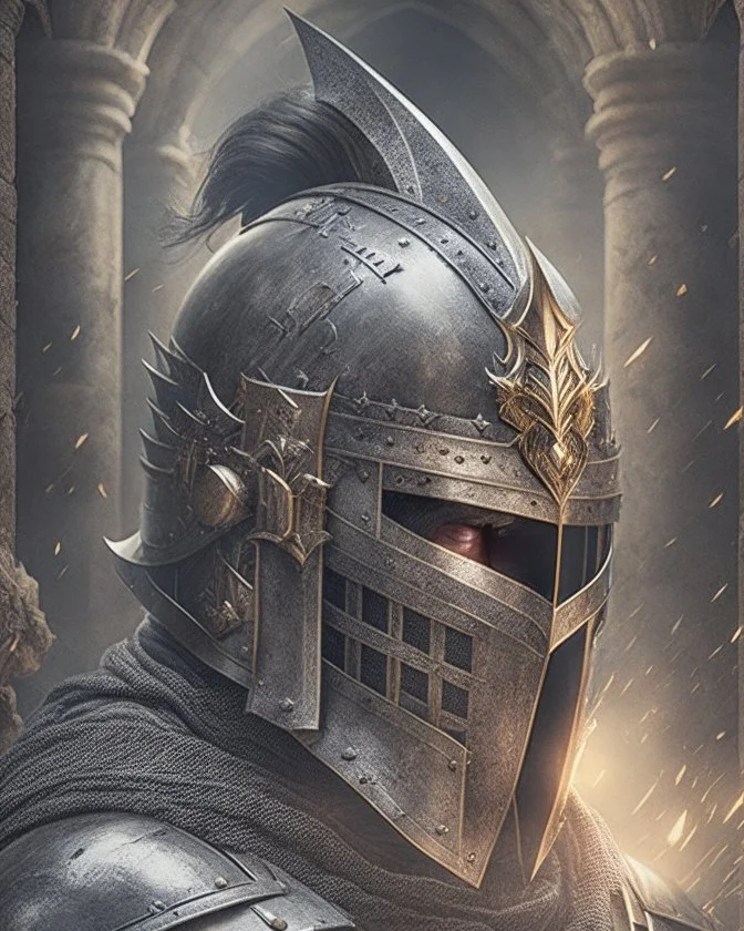 Dark souls Knight, expression serious, aura, portrait, background Dark souls like ruins, comic style, helmet,