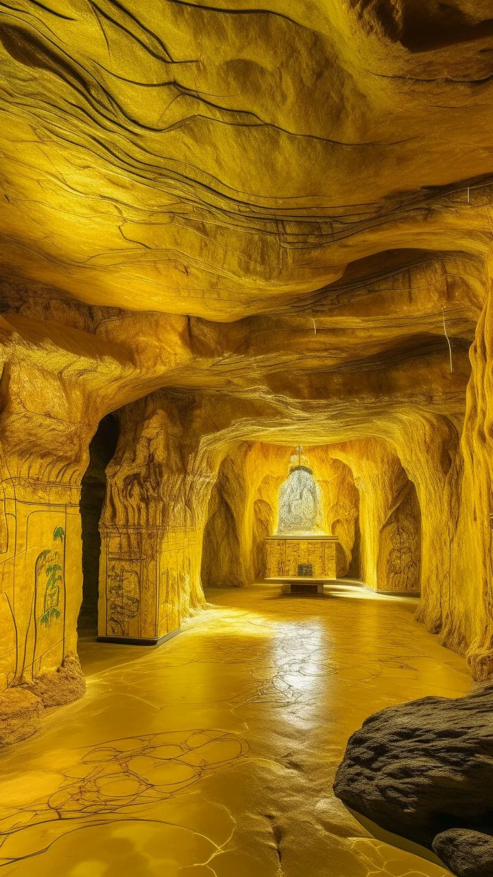 A golden yellow cave with music notes painted by Qiu Ying