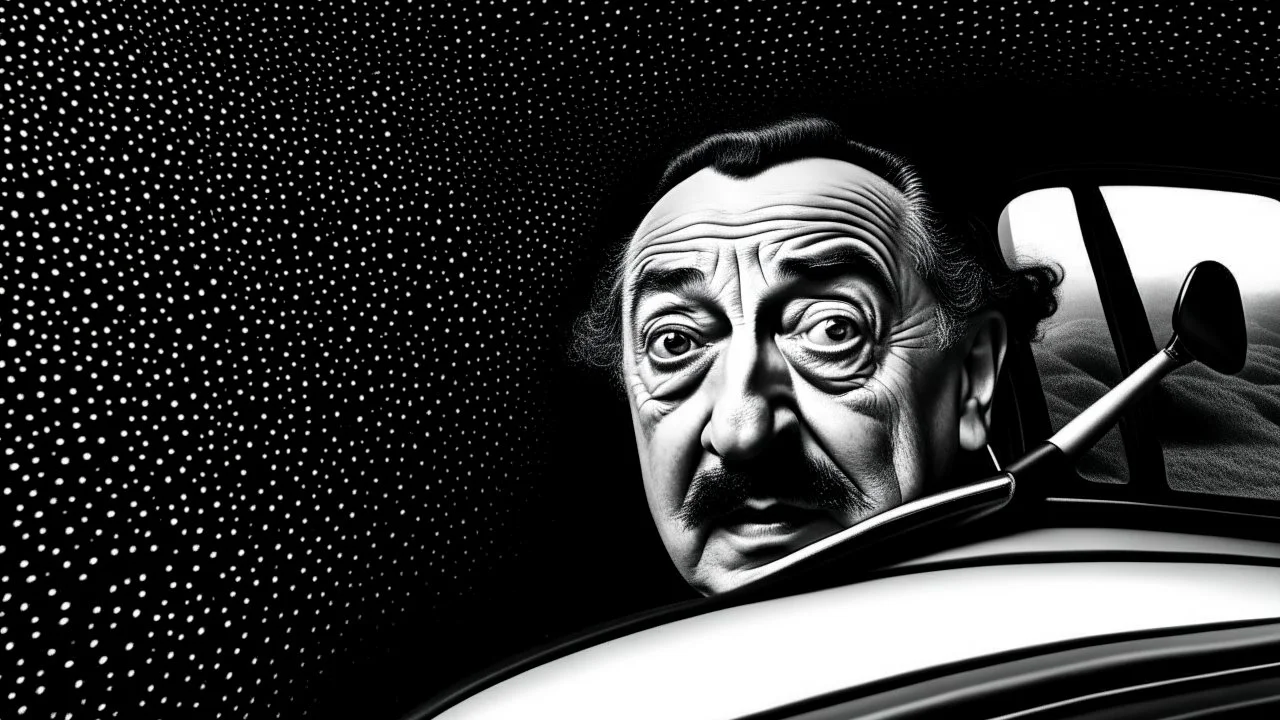 an angry Salvador Dali driving horse shaped surrealist car with eyes, , 4k, sharp edges ,Chiaroscuro, hyper realism, realistic, highly detailed, high contrast black and white, sharp