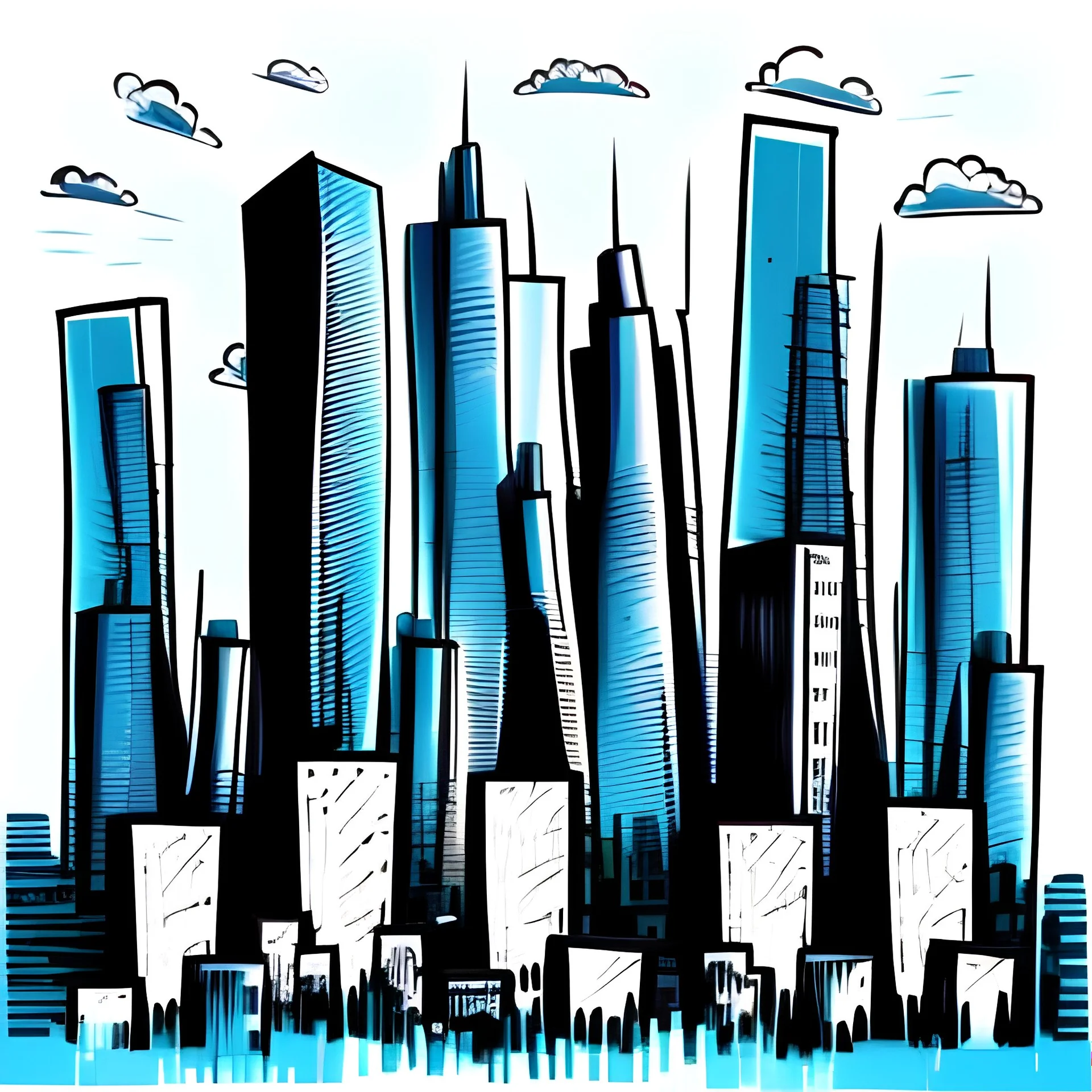 Painting of a background ghetto style block towers and skyline in cartoon style