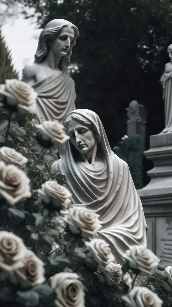 A grave with a statue of a woman behind it, and above it a white lace scarf and seven white roses. Cinematic picture